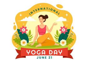 international yoga journée vecteur illustration sur juin 21 avec femme Faire corps posture entraine toi ou méditation dans soins de santé plat dessin animé Contexte