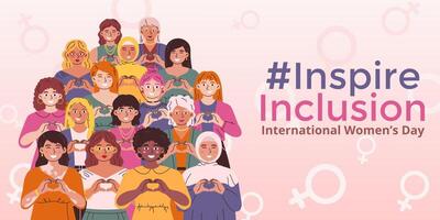 international aux femmes journée horizontal modèle. slogan de inspirer inclusion. collectif de femmes de divers âge, ethnie, vêtements, cheveux et peau couleurs faire une cœur geste dans plat vecteur style.