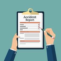 accident rapport former, une homme écrire application forme pour le document, crayon et presse-papiers dans main vecteur