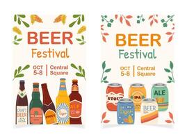 ensemble de deux La publicité affiches pour Bière Festival fête. coloré main tiré verticale bannière avec différent Bière les types dans aluminium canettes et verre bouteilles. oktoberfest Bière festival. vecteur