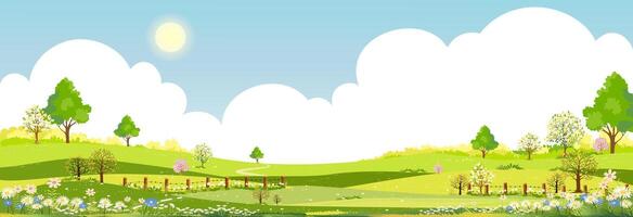 printemps arrière-plan, vecteur bleu ciel et des nuages plus de vert des champs paysage avec montagne, panoramique campagne rural la nature dans printemps avec vert herbe terre.illustration pour printemps et été bannière