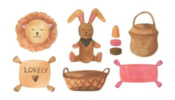 boho garderie aquarelle clipart avec lapin et Lion jouets, oreillers, osier panier pour Accueil décor vecteur