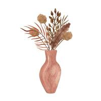 boho argile vase avec séché bouquet. Accueil décor pot. main tiré aquarelle clipart. terreux Couleur vecteur