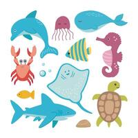 vecteur Marin la vie collection avec dauphin, requin, Raie, crabe, méduse, tortue, et hippocampe