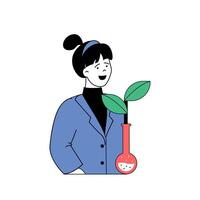 écologie concept avec dessin animé gens dans plat conception pour la toile. femme scientifique fabrication recherche de les plantes dans tester tube dans laboratoire. vecteur illustration pour social médias bannière, commercialisation matériel.