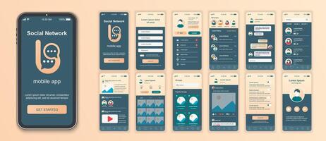 social réseau mobile app interface écrans modèle ensemble. en ligne compte, copains discuter, messages, photo des postes, bloguer statistiques. pack de interface utilisateur, ux, gui trousse pour application la toile mise en page. vecteur conception.