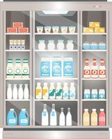 laitier des produits dans le frigo dans supermarché. frigo pour refroidissement laitier des produits. bouteilles et packs avec lait, yaourt, chalet fromage. refroidissement machine, magasin équipement. vecteur illustration.