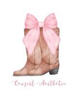 coquette cow-girl bottes avec rose ruban arc aquarelle. rétro esthétique main peint illustration. vecteur
