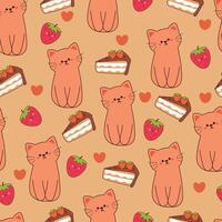 sans couture modèle dessin animé chat avec dessert et fraise. mignonne animal fond d'écran illustration pour cadeau emballage papier vecteur