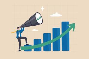 économique croissance prévision, gdp prédiction ou affaires vision à grandir investissement ou entreprise, augmenter profit ou revenus amélioration concept, homme d'affaire Regardez sur télescope sur croissance graphique diagramme. vecteur