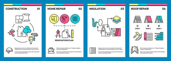 Accueil réparation brochure. entretien rénovation magazine couverture avec outils et rénovation ouvrier plat style, promotion brochure couverture. vecteur illustration