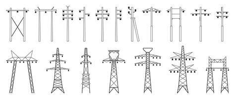 électrique pylônes ensemble. électrique la tour construction et entretien, ligne électrique lien et électricité réseau Infrastructure construction. vecteur plat collection