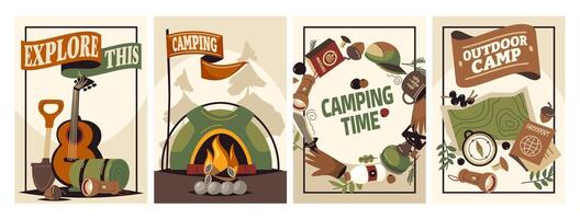 forêt camping affiche. été Extérieur activité brochure avec randonnée et camping logo, la nature des loisirs concept. vecteur prospectus bannière