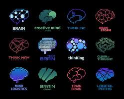 Créatif en pensant logo. abstrait Humain cerveau avec les neurones et mémoire. vecteur abstrait cerveau concentration et Mémoire concept autocollant ensemble