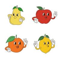 rétro dessin animé personnage fruit ensemble. vecteur marrant illustration avec banane, cerise, citron, fraise, pastèque