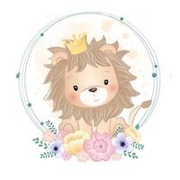 aquarelle ensemble de forêt dessin animé isolé mignonne bébé Renard, lion, ours, lapin, et animal avec fleurs. garderie des bois illustration. bohémien boho dessin pour garderie affiche, modèle vecteur