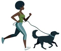 noir fille le jogging avec chien plat conception vecteur