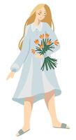 jolie femme toute la longueur figure dans chalet coeur esthétique. fille dans une été robe est en portant bouquet de fleurs. Facile vecteur illustration. isolé clipart pour décor, autocollant, conception, carte, imprimer.