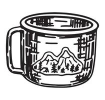 touristique métal agresser esquisser. clipart de Voyage tasse, camping vaisselle, randonnée outils. main tiré vecteur illustration isolé sur blanche.