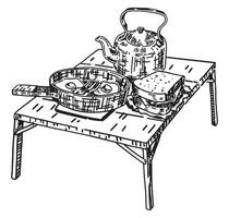 pliant camping table esquisser. clipart de compact pique-nique table avec aliments. main tiré vecteur illustration isolé sur blanche.