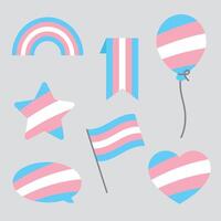 bleu, rose et blanc coloré discours bulle, étoile, cœur, ballon, drapeau et arc en ciel Icônes, comme le couleurs de le transgenres drapeau. lgbtqi, fierté mois concept. plat vecteur illustration.