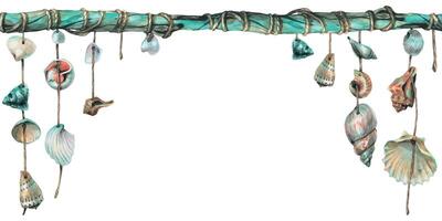 coquillages sont accroché sur turquoise en bois des bâtons. main tiré aquarelle illustration. sans couture mer, plage, été cadre, modèle pour décoration et conception vecteur