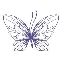 délicat papillon avec motifs sur le ailes, simple, doux, lumière, romantique. illustration graphiquement dessiné à la main dans lilas encre dans ligne style. isolé eps vecteur objet