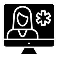 femelle avatar avec médical signe à l'intérieur moniteur, en ligne médecin icône vecteur