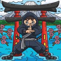 ninja permanent dans de face de une torii coloré dessin animé vecteur