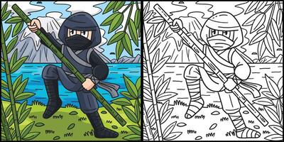 ninja avec une bambou pôle coloration illustration vecteur