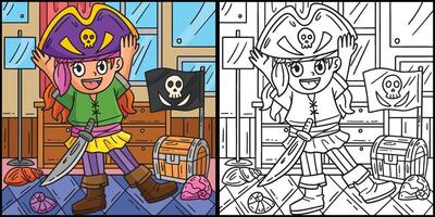 fille en mettant sur une pirate chapeau coloration illustration vecteur