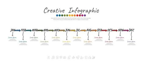 chronologie main tiré pour 1 année, 12 mois, infographie tout mois planificateur conception et présentation entreprise. griffonnage infographie vecteur. vecteur