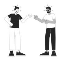 deux Hommes argumenter noir et blanc dessin animé plat illustration. Masculin amis, copains en hurlant 2d lineart personnages isolé. émotif exprimer, corps Langue monochrome scène vecteur contour image