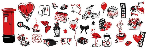 ensemble style doodle la Saint-Valentin journée . noir et rouge linéaire contour. un isolé vecteur. enveloppes avec cœurs, clés et serrures, bouquet, poster, Champagne, bonbons, arcs, bougies, poison, puzzles et autres vecteur