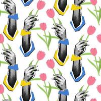 modèle de une femme main sur répéter avec une fleur. vecteur illustration de femelle mains en portant fleurs Souligné sur blanche. élégant floral texture avec tulipes content aux femmes journée. des points, grunge, collage