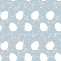 sans couture Pâques modèle sur bleu Contexte avec blanc silhouette de Pâques lapins et des œufs dans ancien style. unique conception modèle pour vacances décorations, impression et la toile utiliser. vecteur