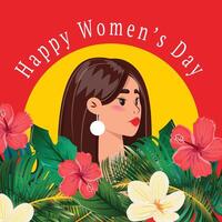 rouge floral bannière célébrer content aux femmes journée avec une jolie femme portrait dans feuilles et fleurs vecteur