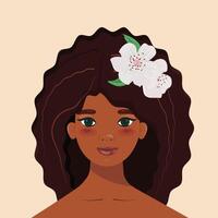 noir femme avec frisé cheveux et fleurit vecteur