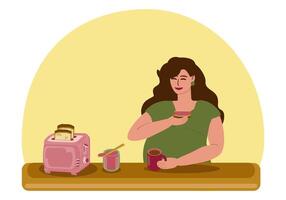 une Enceinte Jeune femme a petit-déjeuner, les boissons thé et mange pain grillé avec Confiture. là est un électrique grille-pain et une pot de confiture sur le tableau. maternité, grossesse, en bonne santé alimentaire. vecteur illustration