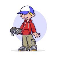 vecteur illustration de dessin animé garçon en portant planche à roulette