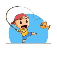 gratuit mignonne peu garçon pêche vecteur dessin animé illustration icône mascotte. dessin animé style.