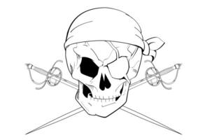 pirate crâne T-shirt conception avec un œil pièce et deux franchi épées. monochrome illustration pour tatouages. vecteur