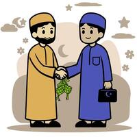 deux musulman Hommes sont tremblement mains et indulgent chaque autre. islamique famille eid mubarak concept vecteur