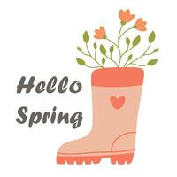 Bonjour printemps, mignonne caoutchouc bottes avec floral végétaux, main tiré printemps imprimer, carte, affiche vecteur