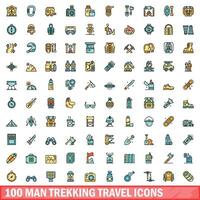 100 homme trekking Voyage Icônes ensemble, Couleur ligne style vecteur