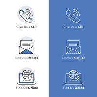 relier avec nous. Icônes pour appel, Messagerie, et en ligne présence. vecteur