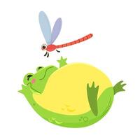 content vert grenouille en jouant avec mignonne libellule. kawaii personnage dans dessin animé style. illustration isolé. vecteur