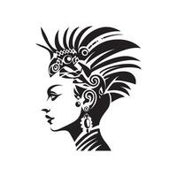 une noir et blanc illustration de une femme avec une tribal tête et une noir et blanc vecteur