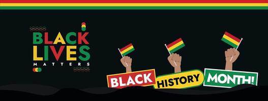 noir histoire mois fête 2024 bannière avec mains en portant drapeaux. noir histoire mois drapeau avec couleurs rouge, jaune, vert et noir. noir vies matière célébrer sacrifices de africain Américain. vecteur