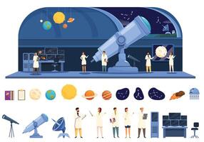 scientifique astronome Icônes ensemble dessin animé vecteur. télescope Découverte univers vecteur
